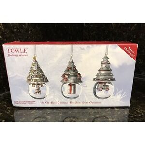 Towle Snow Globe Ornaments Holiday Wishes Set of Three Christmas Tree Pewter
